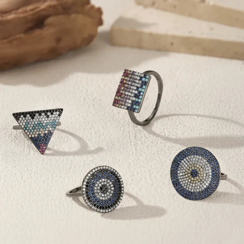 925 Sterling Silver Black CZ Geometric Round Ring