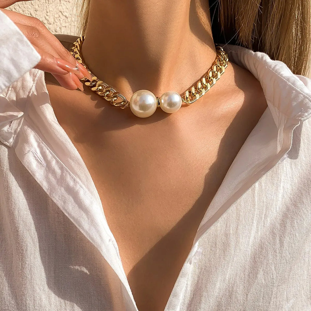 Vintage Cuban Chain Choker with Imitation Pearl Pendant