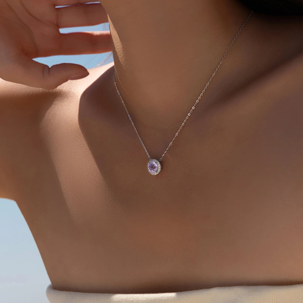925 Sterling Silver Lavender Zirconia Round Pendant Necklace