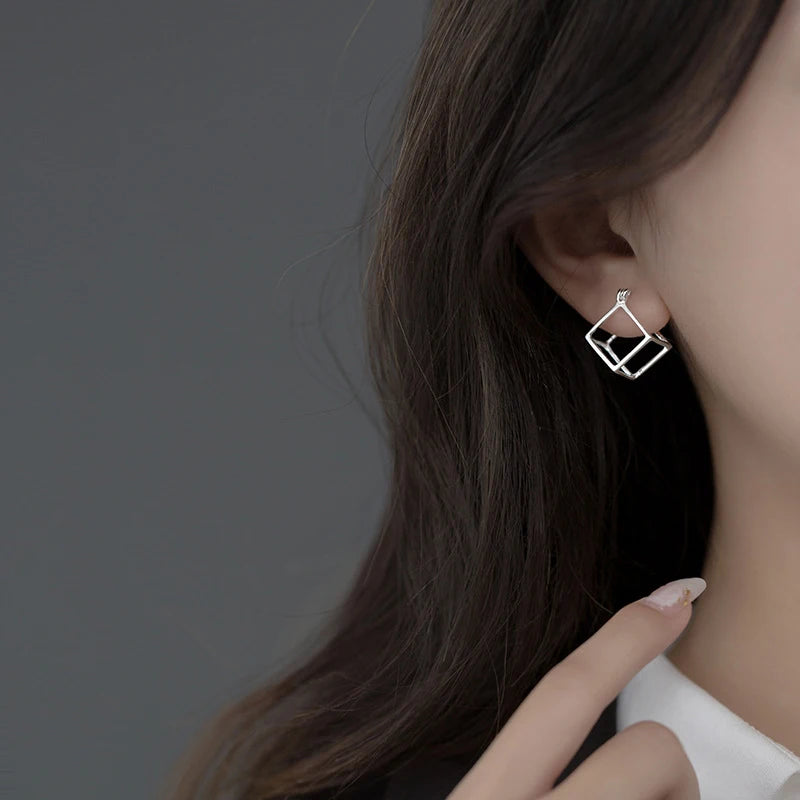 925 Sterling Silver Geometric 3D Square Stud Earrings