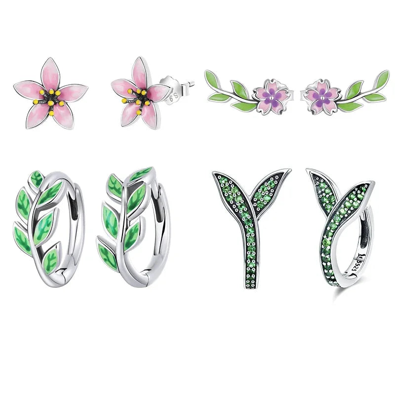 925 Sterling Silver Spring Flower & Swallow Hoop Earrings