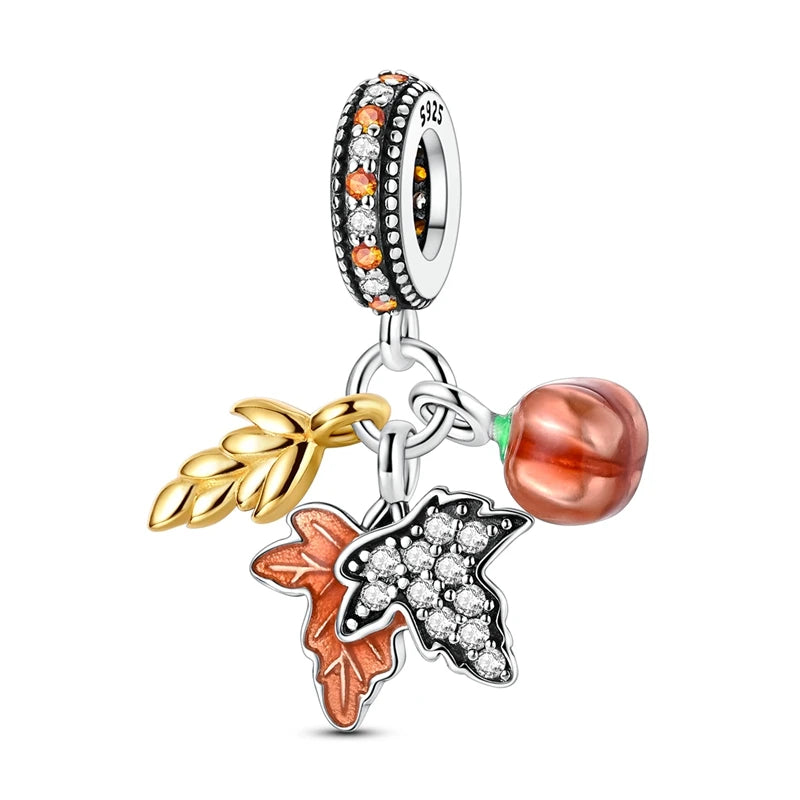 925 Sterling Silver Halloween Pumpkin & Skull Charm Bead