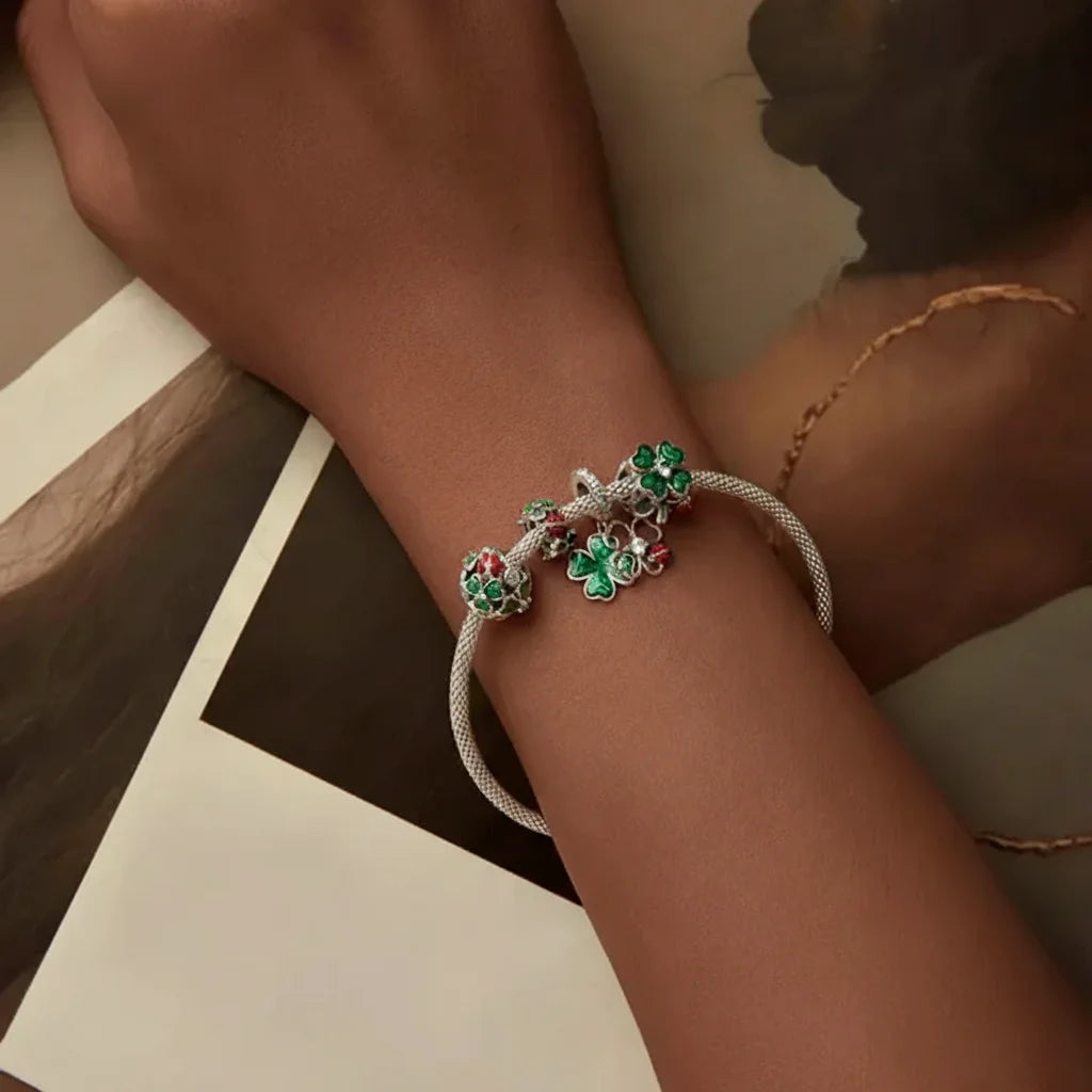 925 Sterling Silver Four-Leaf Clover & Ladybug Charm