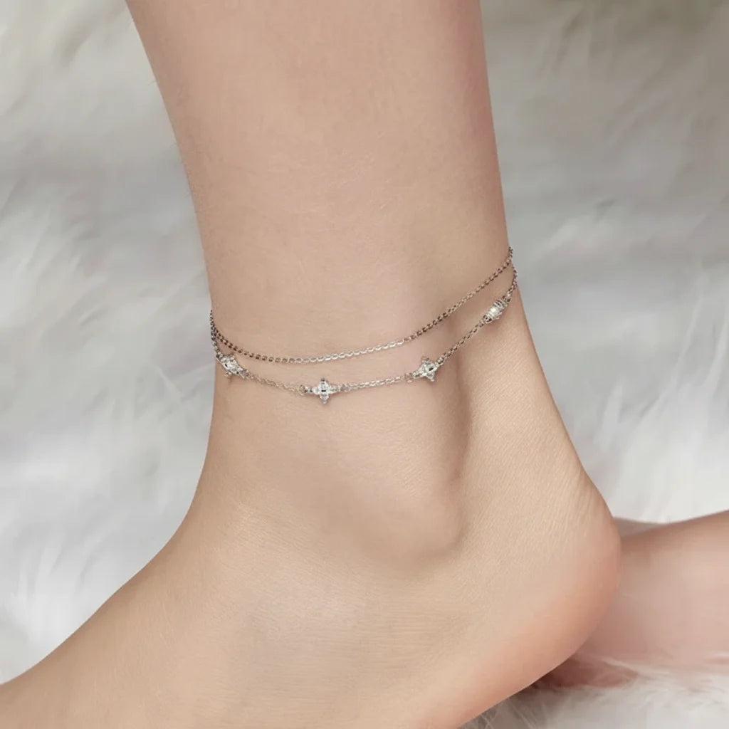 925 Sterling Silver Four-Leaf Clover CZ Anklet