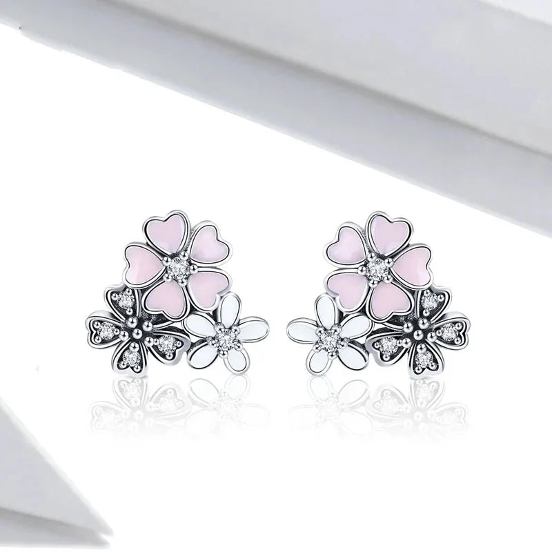 925 Sterling Silver Spring Flower & Swallow Hoop Earrings