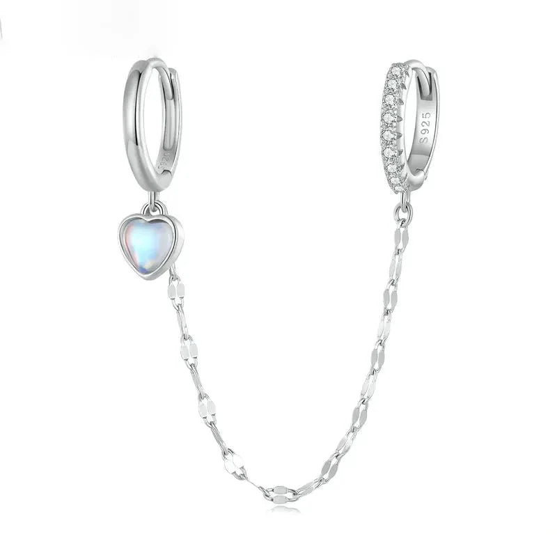 925 Sterling Silver Heart Moonstone Tassel Hoop Earrings