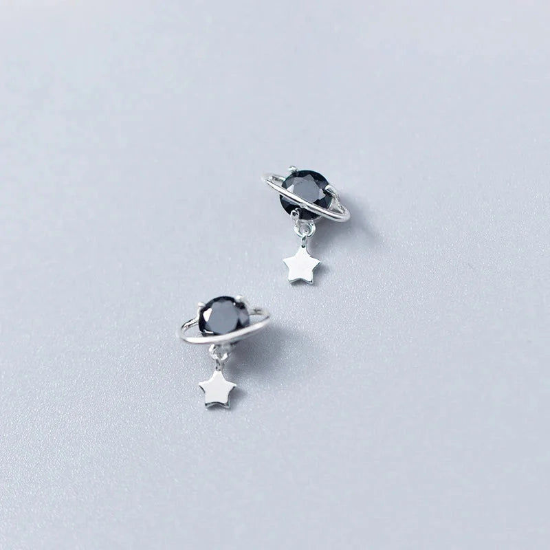 925 Sterling Silver Black Crystal Planet Stud Earrings