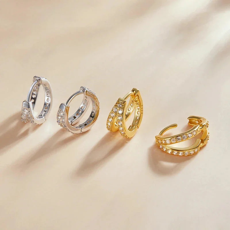 925 Sterling Silver Double Ring CZ Hoop Earrings