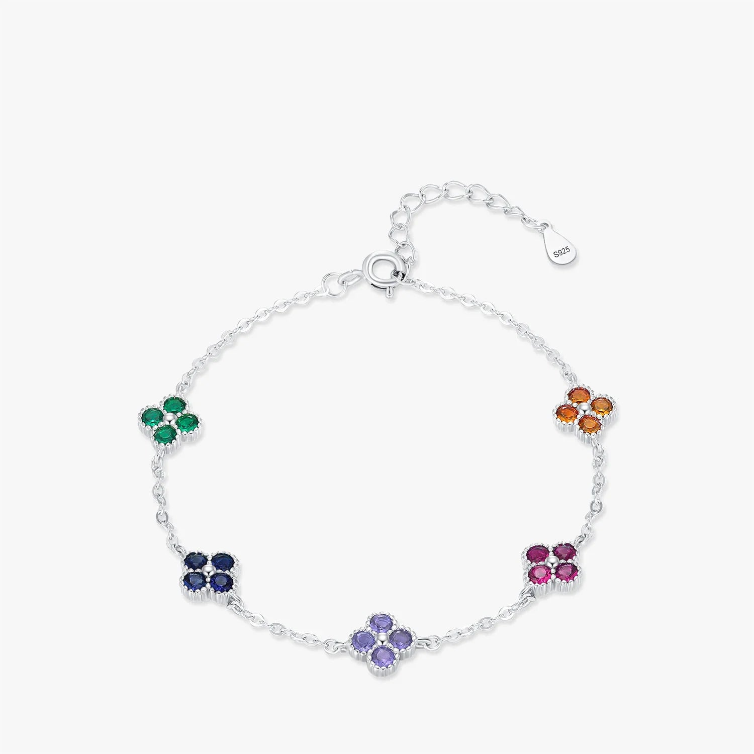 925 Sterling Silver Four-Leaf Clover Colorful CZ Bracelet