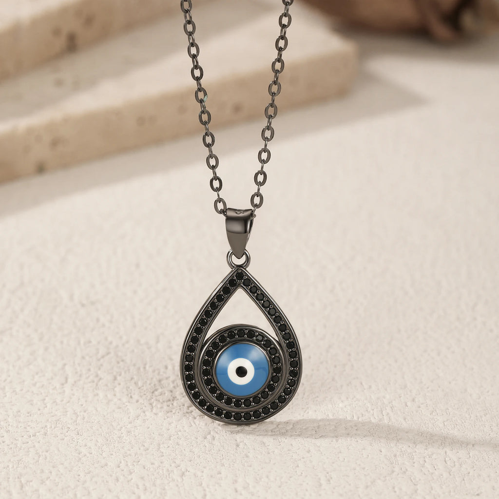 925 Sterling Silver Black Zirconia Water Drop Eye Necklace