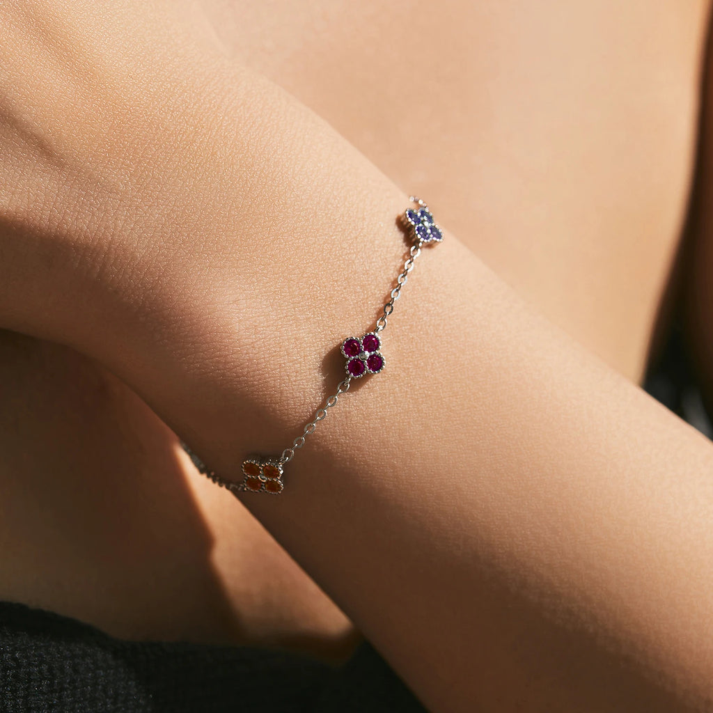 925 Sterling Silver Four-Leaf Clover Colorful CZ Bracelet