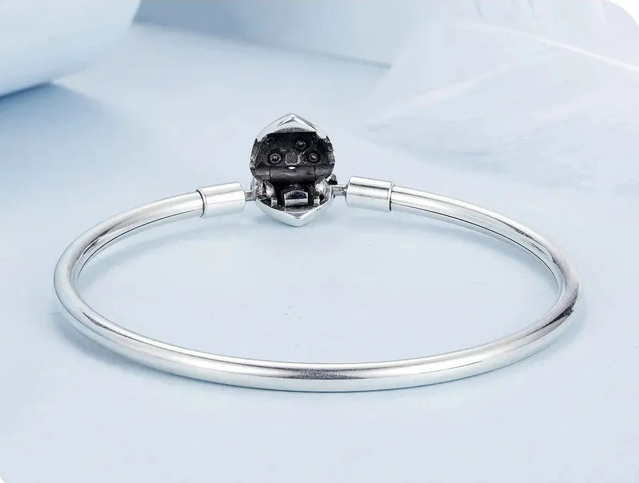 925 Sterling Silver Glossy Heart & Shell Clasp Bangle Bracelet