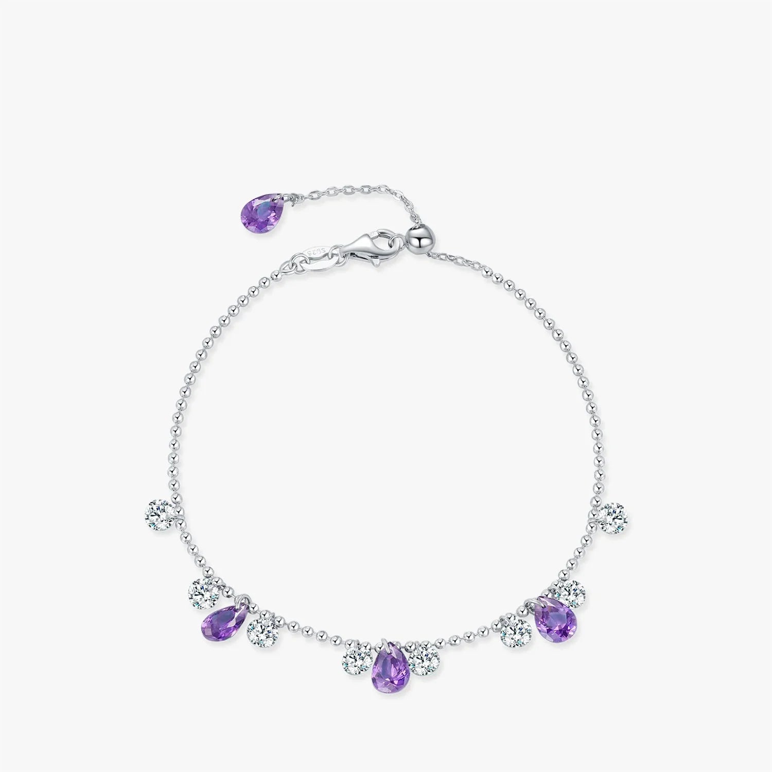 925 Sterling Silver Purple Zirconia Water Drop Bead Bracelet