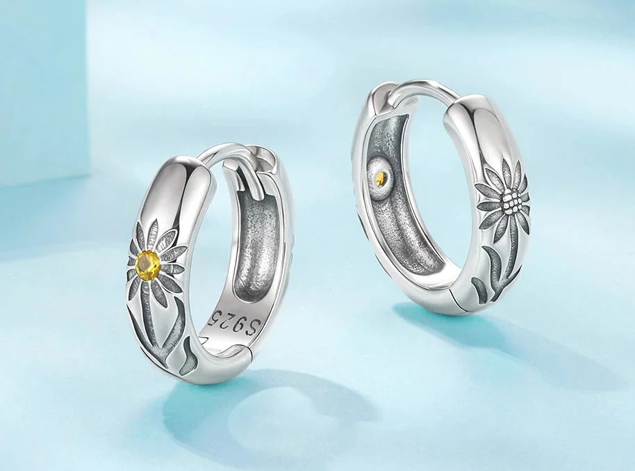 925 Sterling Silver Yellow Sunflower Hoop Earrings