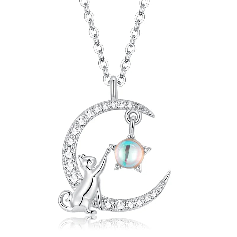 925 Sterling Silver Cute Cat Moon Pendant Necklace