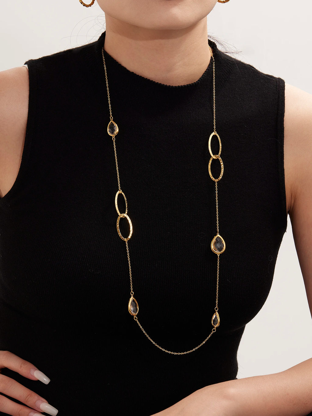 18K Gold Plated Long Sweater Chain Necklace with Faceted Glass Droplet Pendant