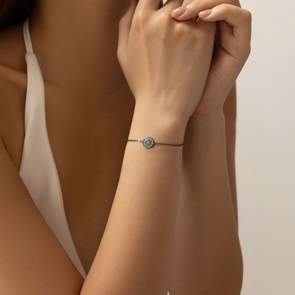 925 Sterling Silver Turquoise & CZ Stars Link Chain Bracelet