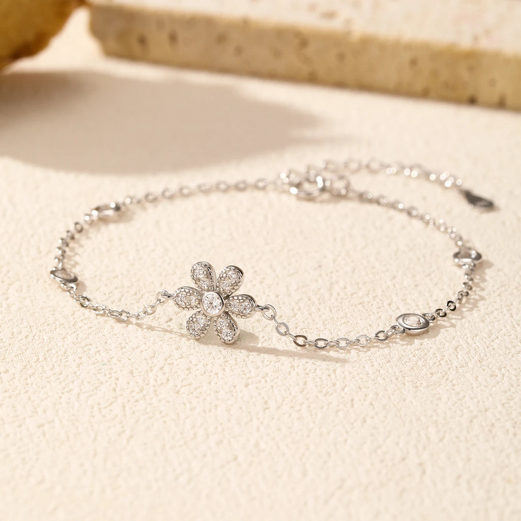 925 Sterling Silver Clear CZ Flower Bracelet
