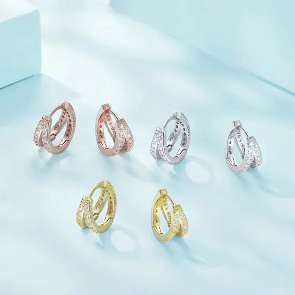 925 Sterling Silver Double Ring CZ Hoop Earrings