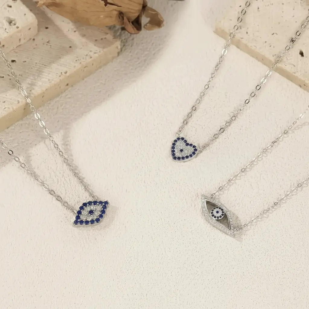 925 Sterling Silver Blue Eye Heart Palm Pendant Necklace