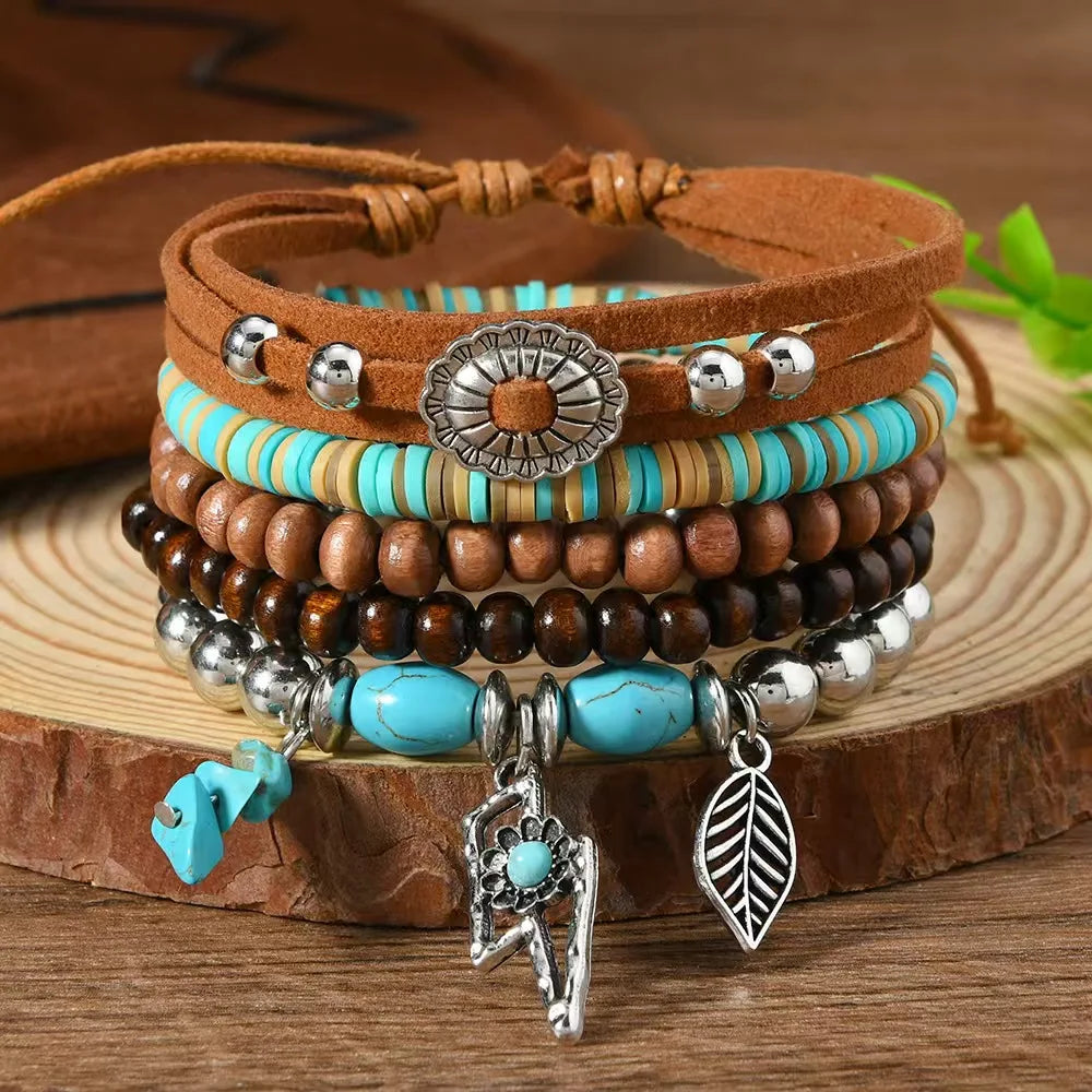 Boho Leather & Beaded Charm Bracelet Set