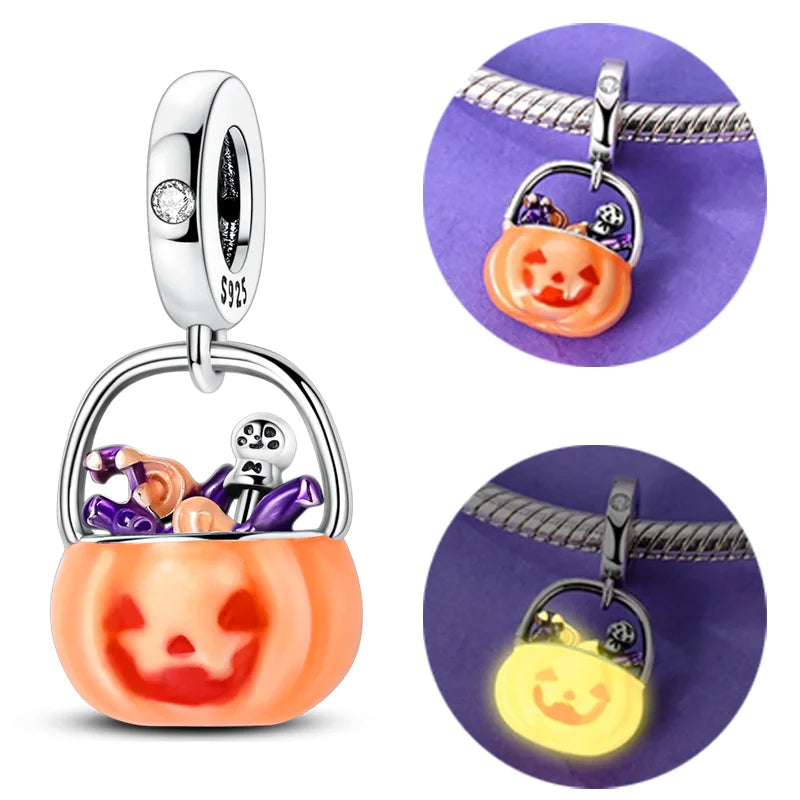 925 Sterling Silver Halloween Pumpkin & Skull Charm Bead