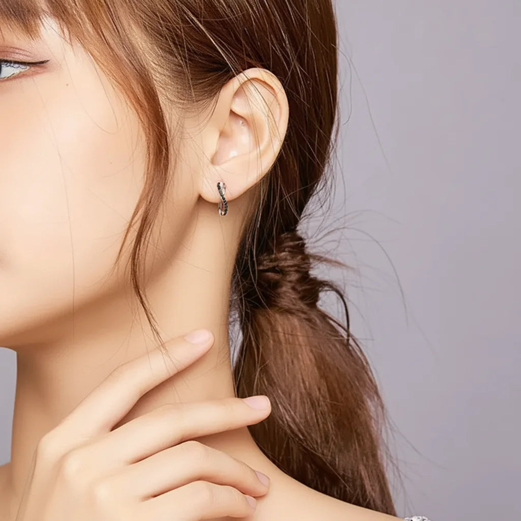 925 Sterling Silver Black CZ Cross Hoop Earrings