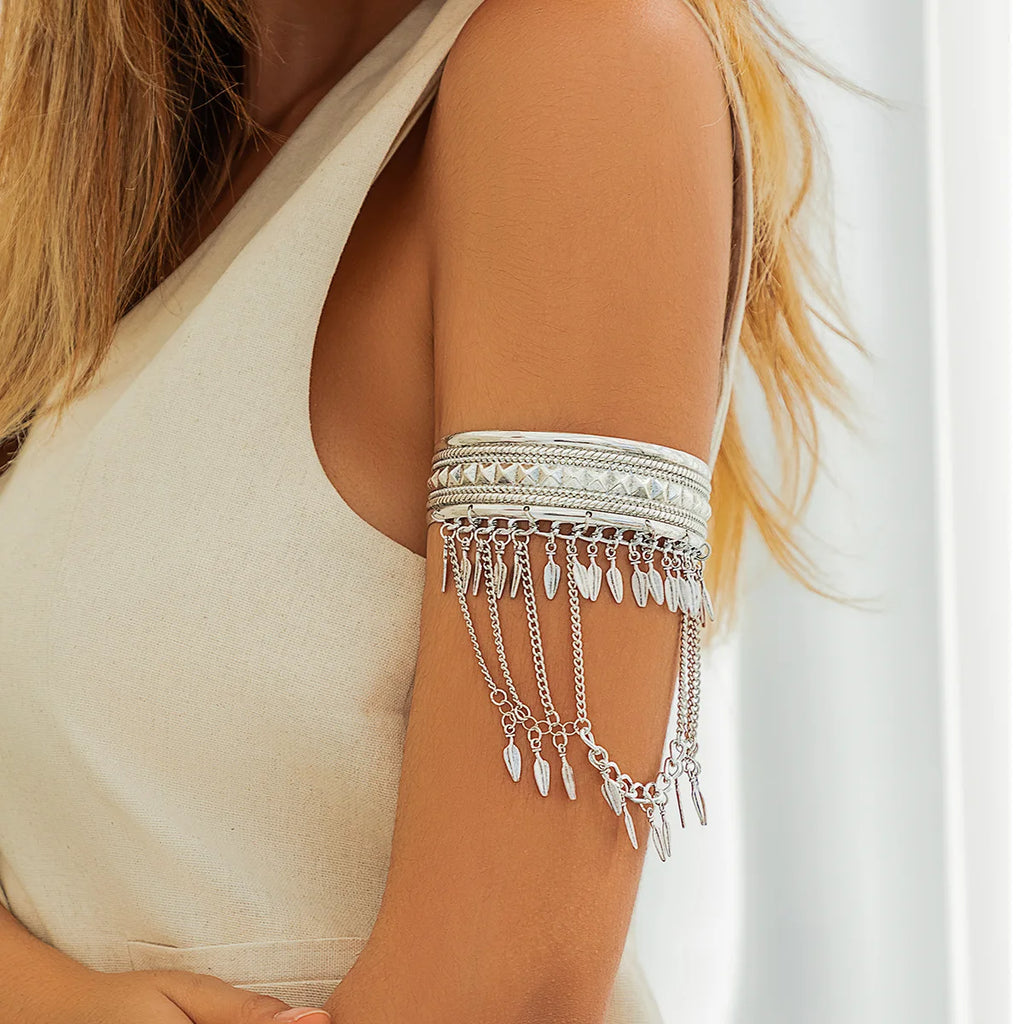 Gold Coin & Leaf Tassel Upper Arm Bracelet