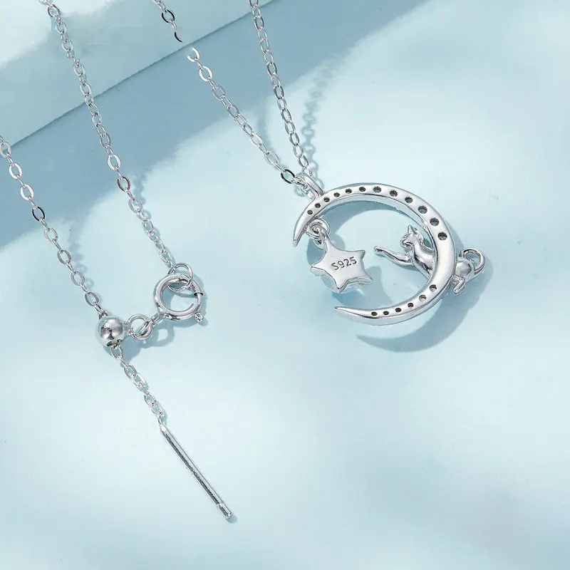 925 Sterling Silver Cute Cat Moon Pendant Necklace