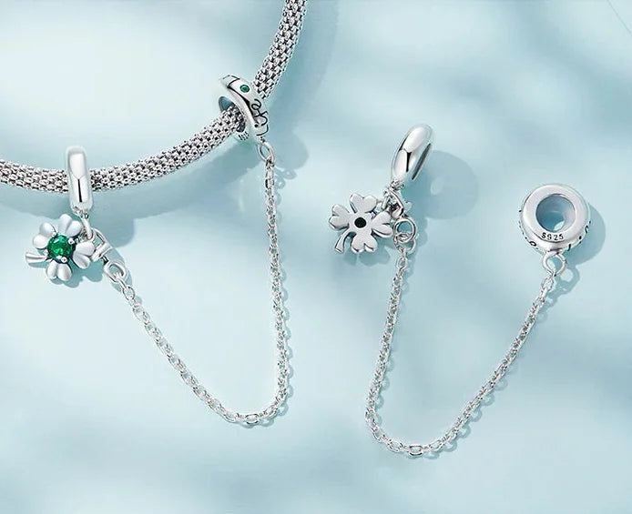 925 Sterling Silver Four-Leaf Clover Safety Chain Charm