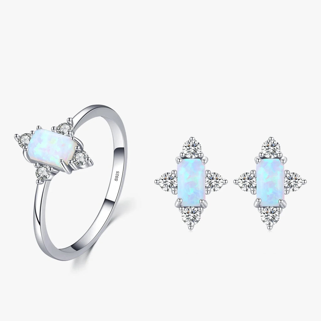 925 Sterling Silver Rectangle Opal Jewelry Set