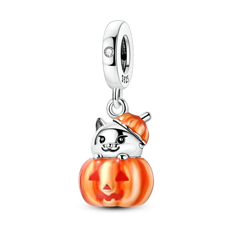 925 Sterling Silver Halloween Pumpkin & Skull Charm Bead