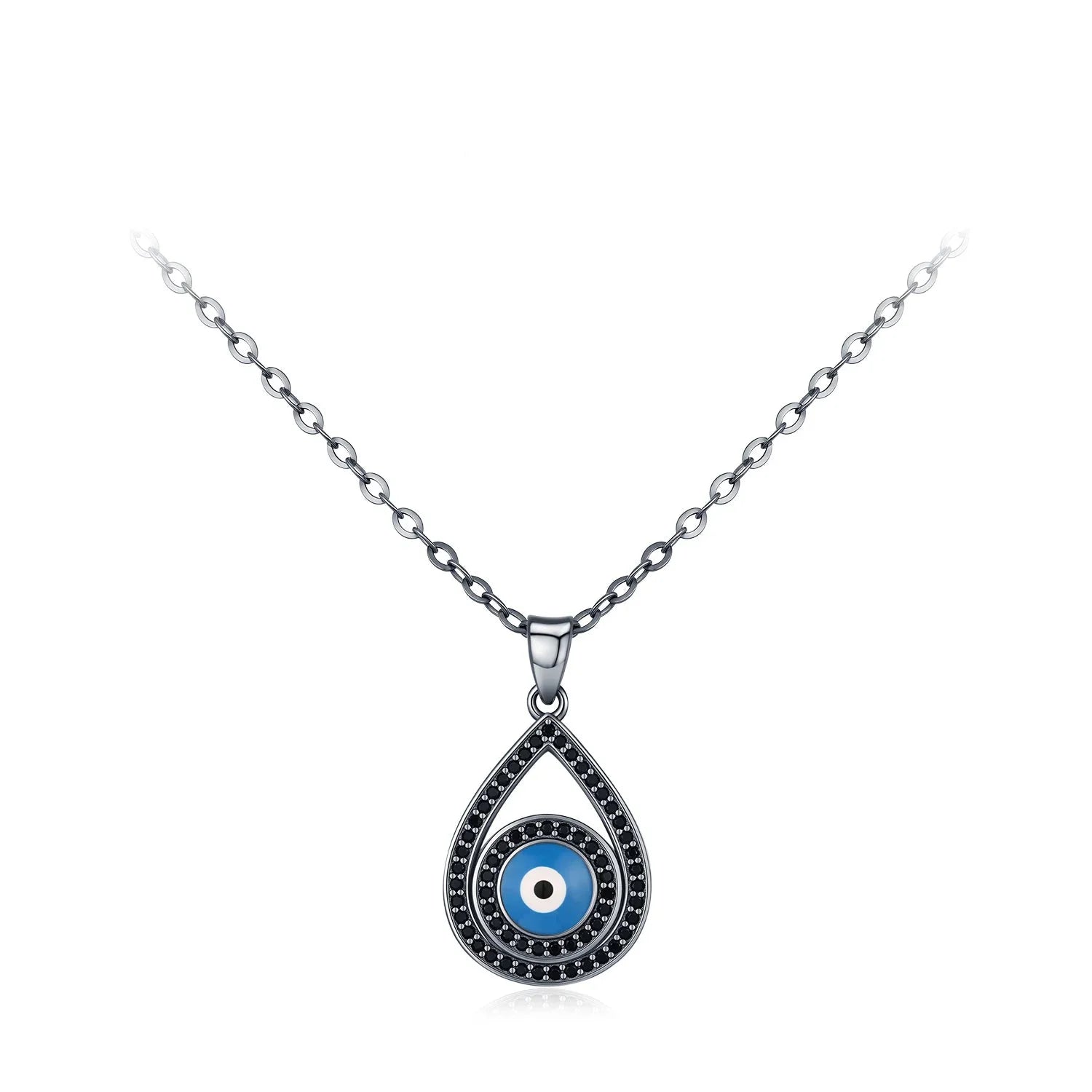 925 Sterling Silver Blue Enamel Eye Water Drop Pendant Necklace