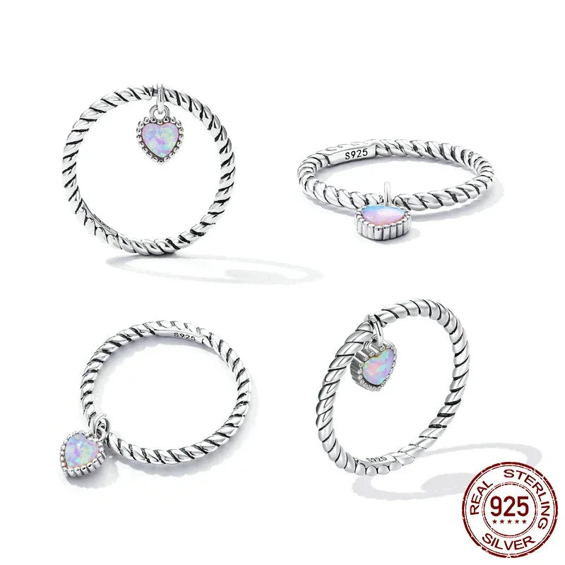 925 Sterling Silver Pink Opal Heart Jewelry Set