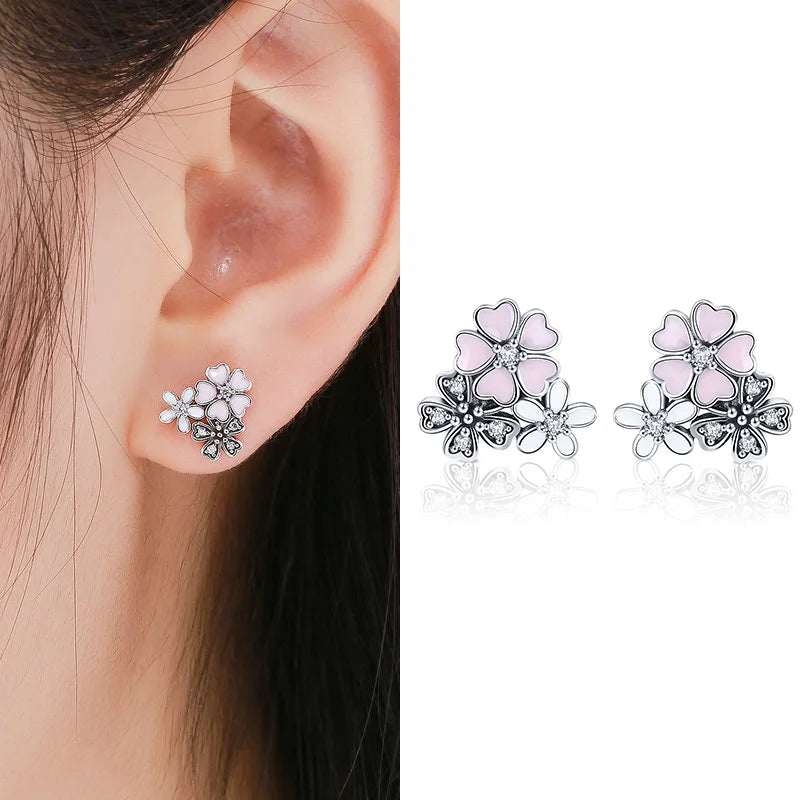 925 Sterling Silver Spring Flower & Swallow Hoop Earrings