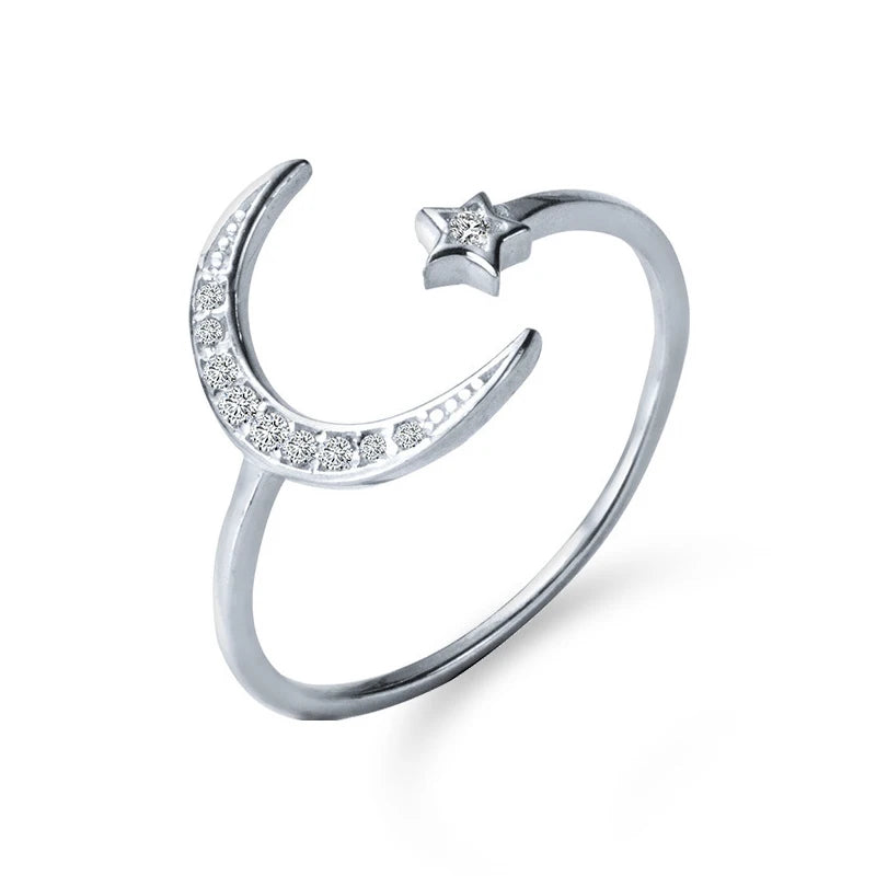 925 Sterling Silver Star & Moon Zircon Slim Ring
