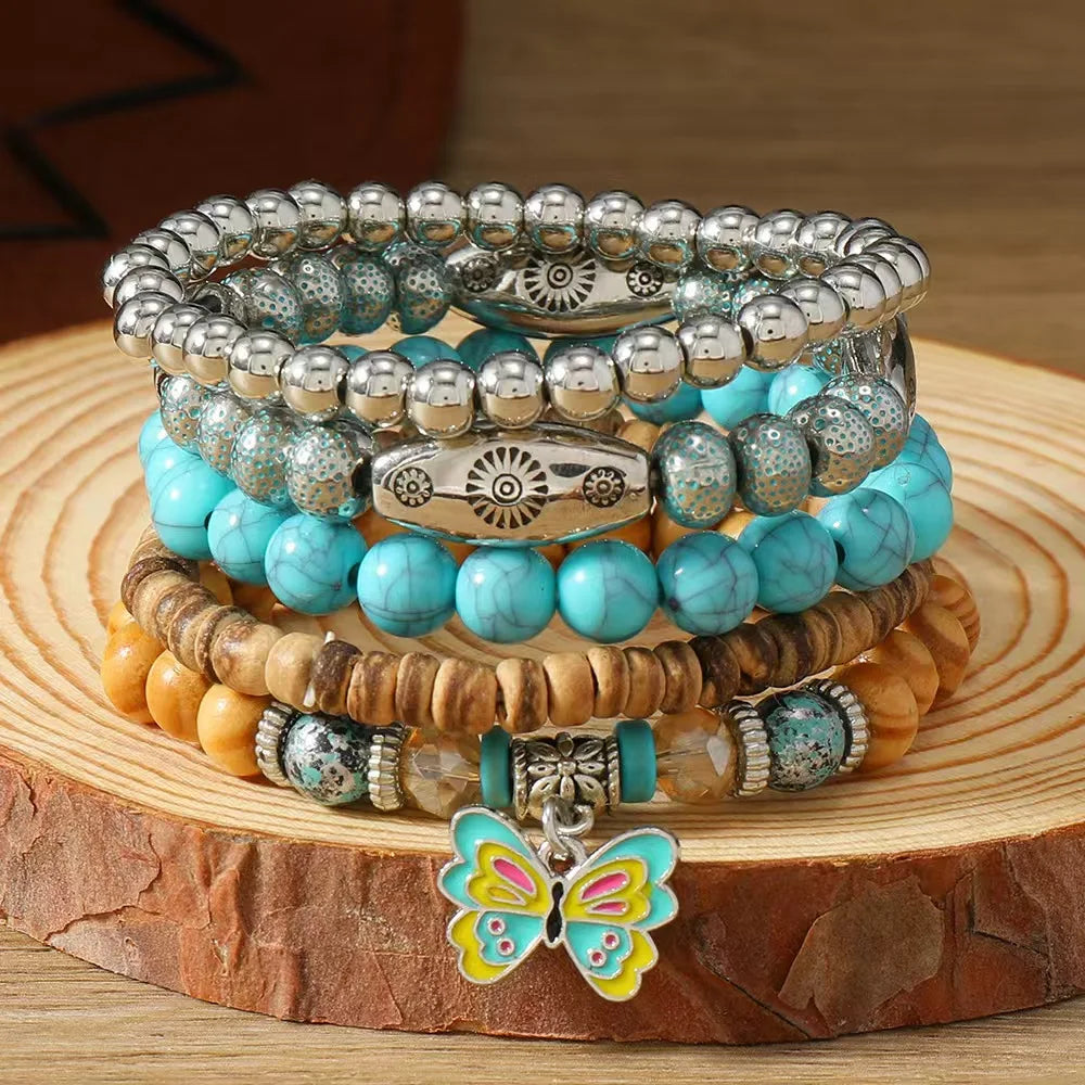 Boho Turquoise Beaded Butterfly Charm Bracelet Set