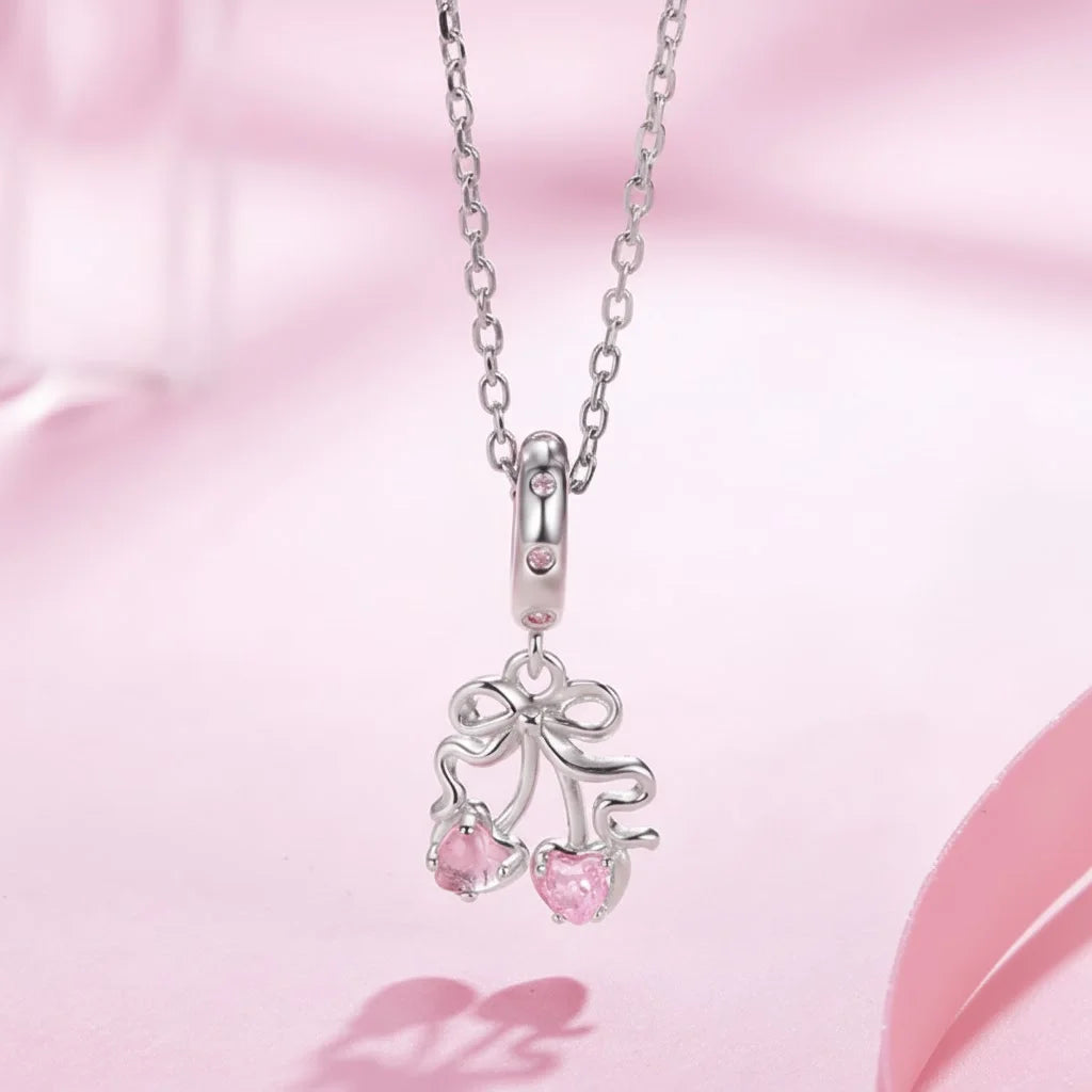 925 Sterling Silver Pink Cherry Bow Charm