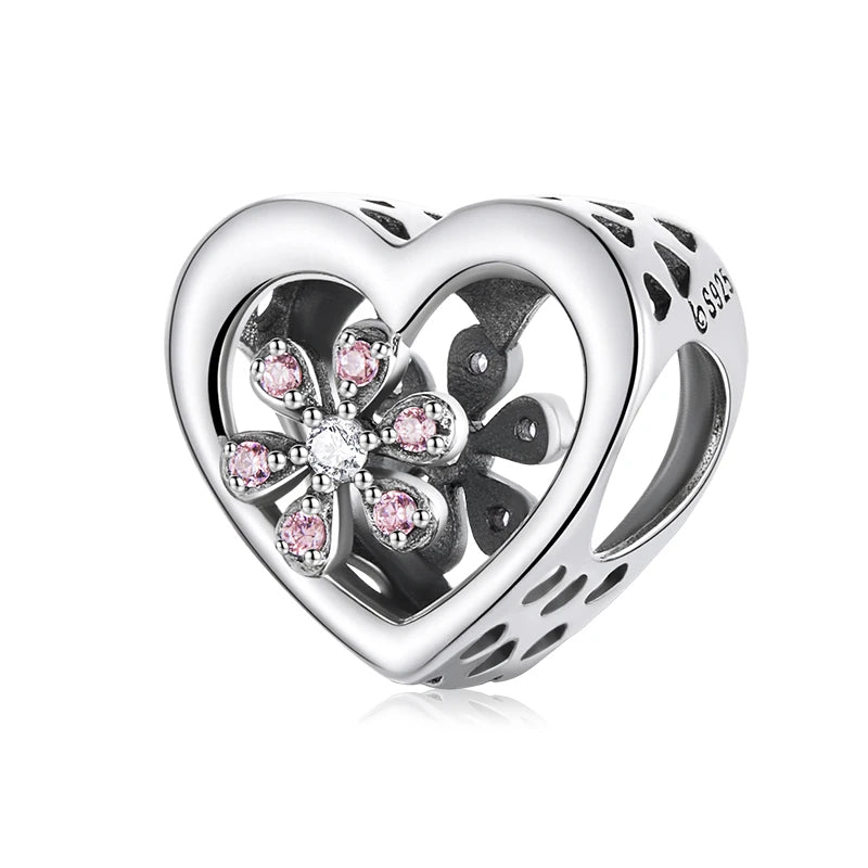 925 Sterling Silver Pink Zircon Vine Heart Charm