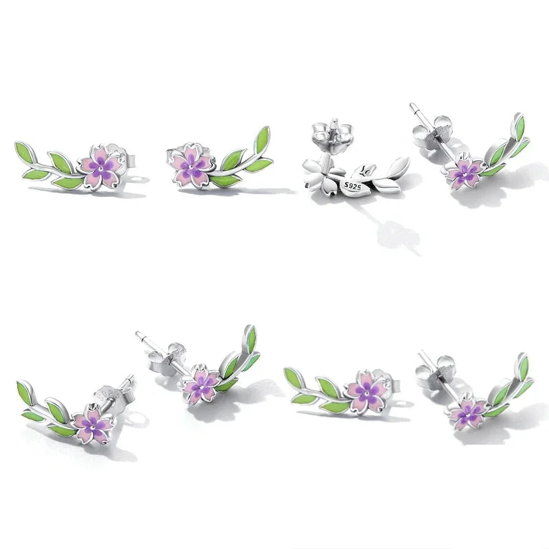 925 Sterling Silver Spring Flower & Swallow Hoop Earrings