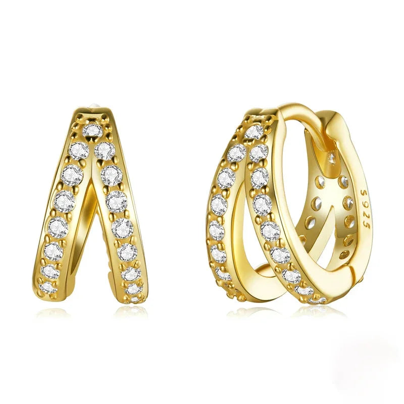 925 Sterling Silver Double Ring CZ Hoop Earrings