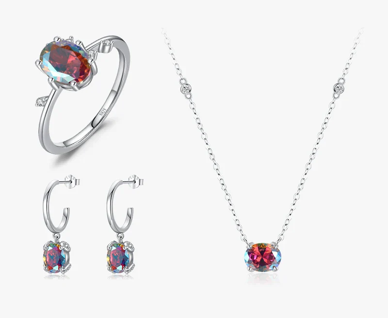 925 Sterling Silver Oval Rainbow Zirconia Jewelry Set (Ring, Earrings & Necklace)