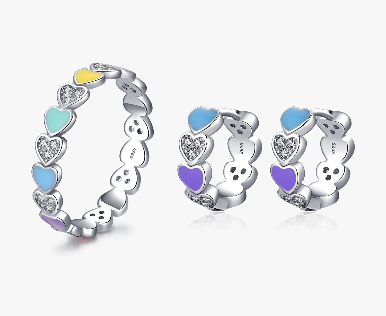 925 Sterling Silver Love Hearts Enamel CZ Ring & Earrings Set