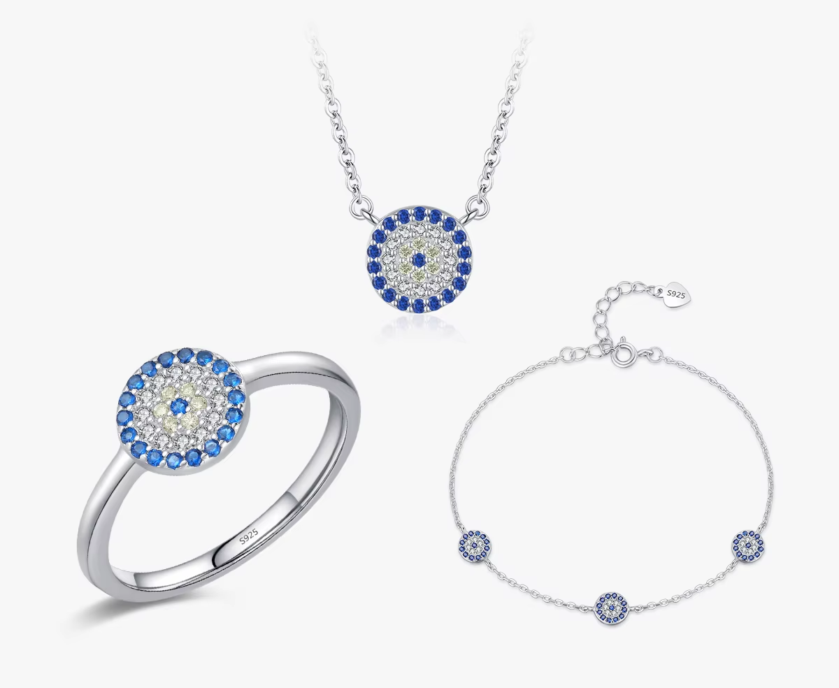 925 Sterling Silver Round Blue Pave Setting Zirconia Eye's Set